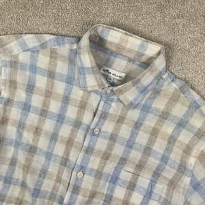 Peter Millar Mens M Button Up Shirt Blue Tan Linen Blend Plaid Short Sleeve